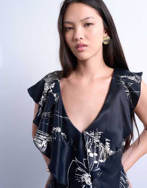 Topshop – Svartvit, blommig maxiklänning med råa sömmar och volang, 3 av 4