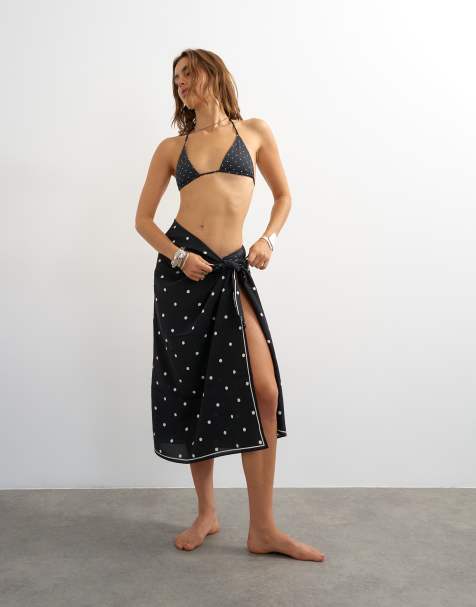 Topshop – Svartvit, fyrkantig sarong med prickigt mönster - view 1