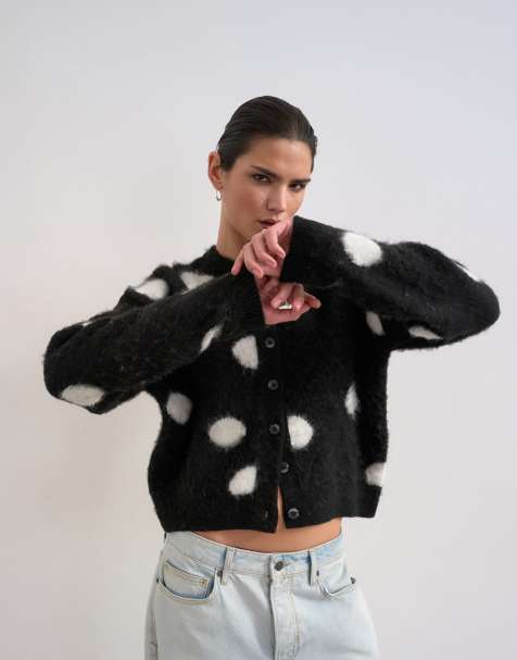 Topshop – Svartvit, stickad och prickig kofta med borstad finish - view 1