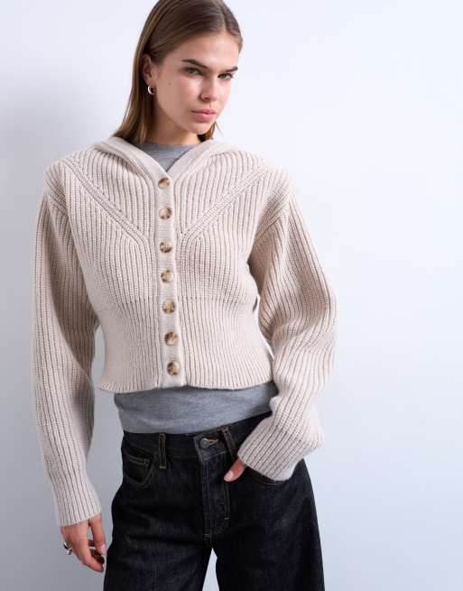 Topshop - Sweat à capuche boutonné en maille à épaulettes - Grège, 3 de 4