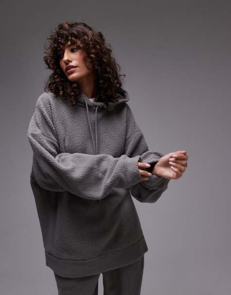 Topshop - Sweat à capuche d'ensemble oversize en imitation peau de mouton - Ardoise - view 1