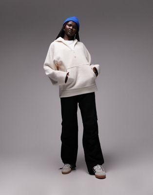 Topshop borg quarter zip fleece hoodie in ecru - ASOS Price Checker
