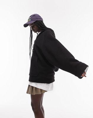 Topshop borg quarter zip fleece hoodie in black - ASOS Price Checker
