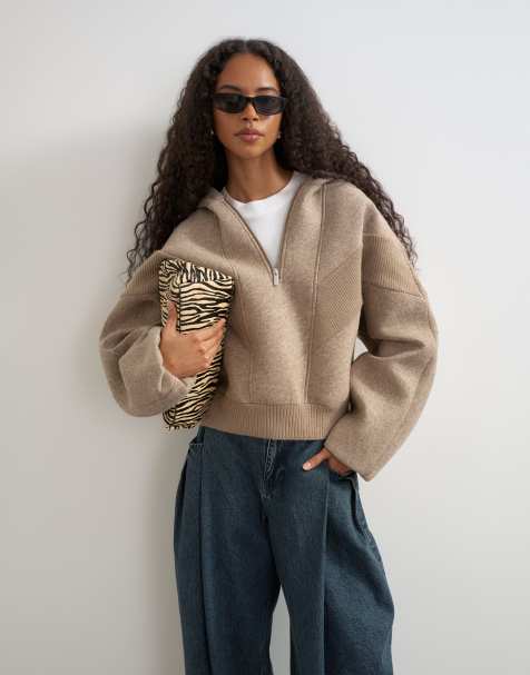 Topshop sweat à capuche zippé à empiècements borg couleur avoine - view 1