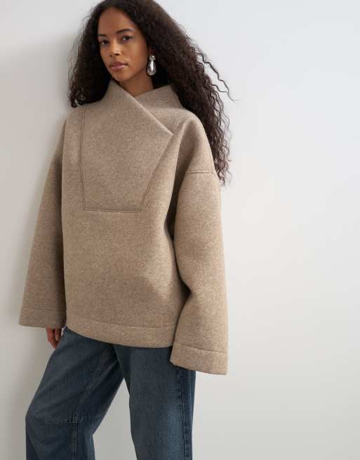 Topshop sweat borg à col croisé beige avoine, 3 de 4
