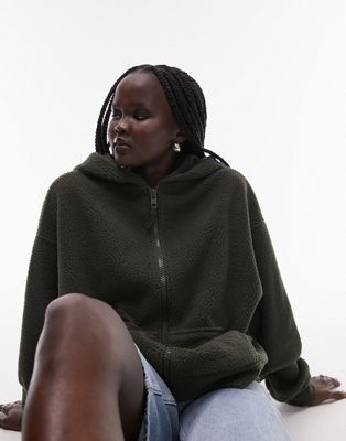 Topshop borg zip through cropped fleece hoodie in dark olive - ASOS Price Checker