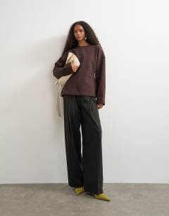 Model wearing Sweat crew neck cinched jumper in chocolate