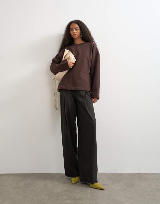 Topshop sweat crew neck cinched jumper in chocolate, 2 of 4