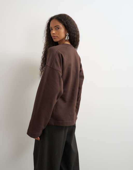 Topshop sweat crew neck cinched jumper in chocolate, 4 of 4