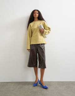 Model wearing Sweat crew neck cinched jumper in light khaki
