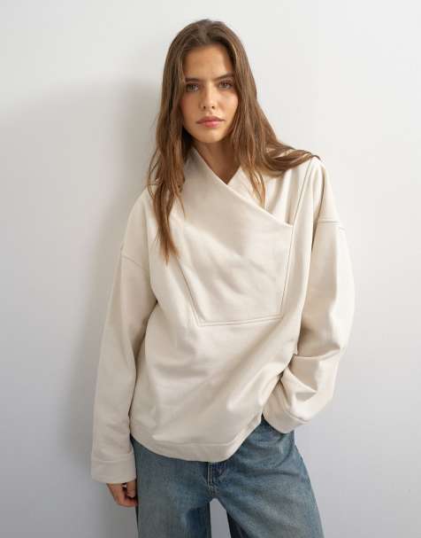 Topshop sweat high neck crossover sweater in stone - view 1