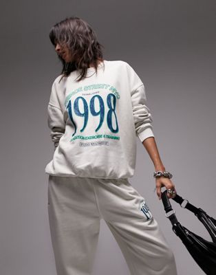 Topshop co-ord graphic Prince Street NYC puff print vintage wash oversized sweat in ecru - ASOS Price Checker