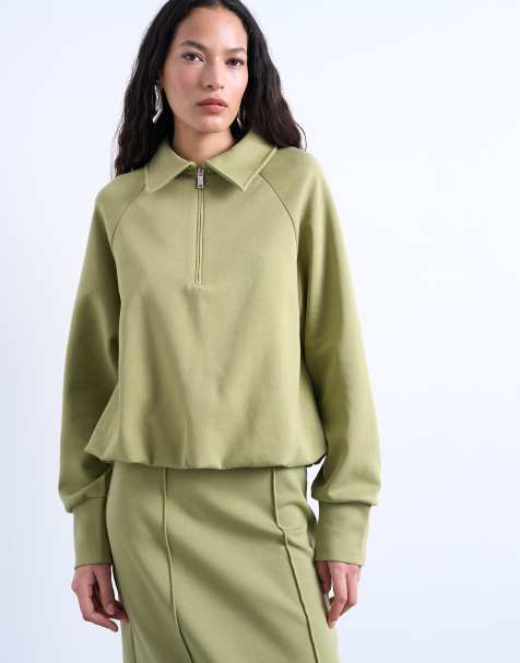 Topshop - Sweater met kwartrits, polokraagje en interlocknaden in groen - view 1