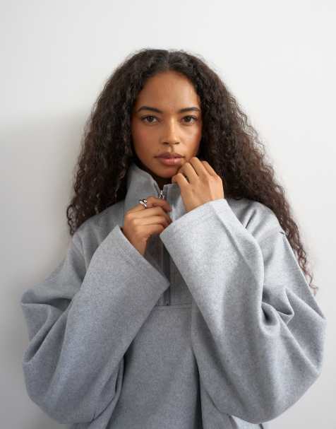 Topshop sweatshirt med ståkrave og kvart lynlås i lysegrå - view 1