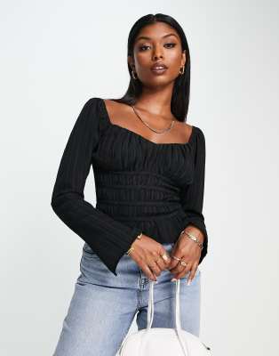 Topshop sweetheart neck textured long sleeve top in black - ASOS Price Checker