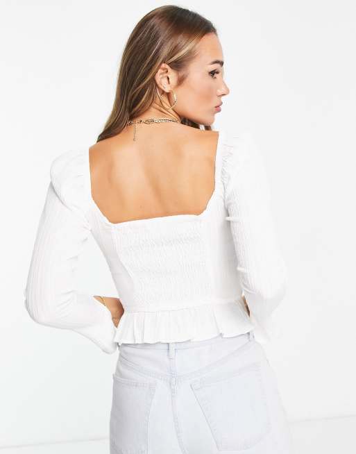 Topshop sweetheart neck textured long sleeve top in ivory , 2 of 4