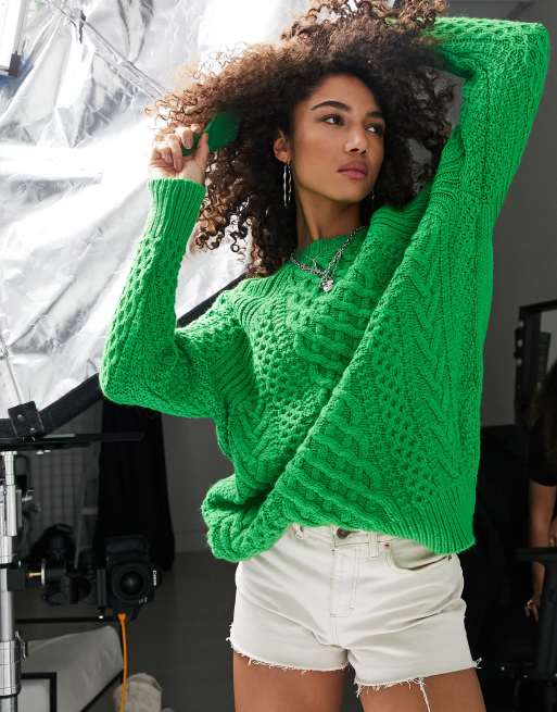 Topshop – Sweter oversize z zielonej dzianiny o warkoczowym splocie
