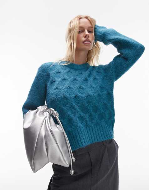 Topshop – Sweter z dzianiny o splocie warkoczowym, w kolorze morskim - view 1