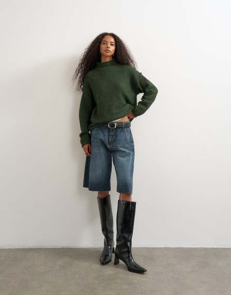Topshop sweter z grubej dzianiny z mieszanki wełny z rolowanym brzegiem w kolorze oliwkowym - view 1