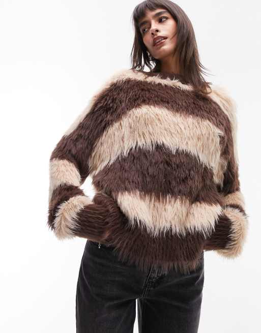 Topshop – Sweter z okrągłym dekoltem, z bardzo puszystej dzianiny w paski w neutralnym kolorze 