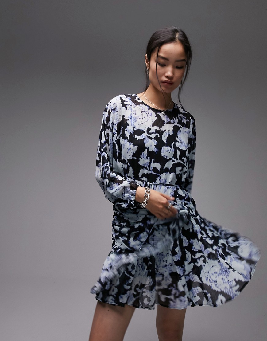 Topshop swing tea dress in blue and black floral print-Multi