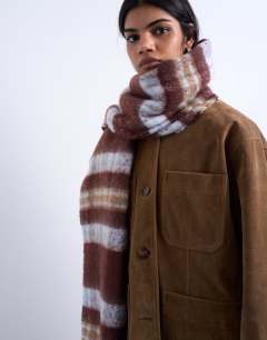Model wearing Sydney blanket scarf in choc check