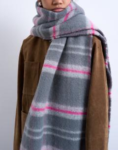 Model wearing Sydney blanket scarf in grey & pink check