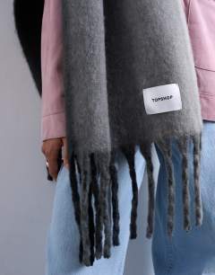 Model wearing Sydney blanket scarf in grey