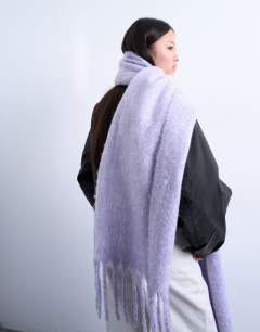 Model wearing Sydney blanket scarf in purple stripe