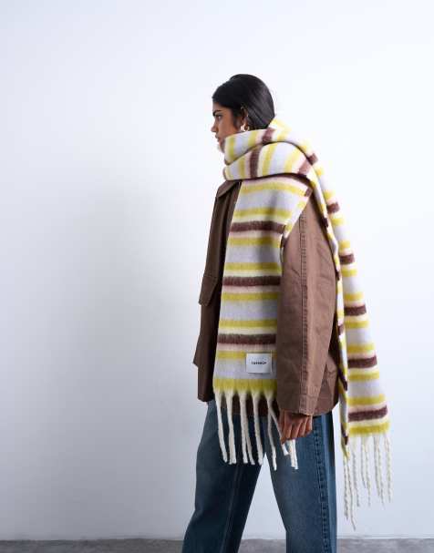 Topshop Sydney blanket scarf in yellow, burg & blue stripe