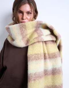 Model wearing Sydney striped blanket scarf in green & brown