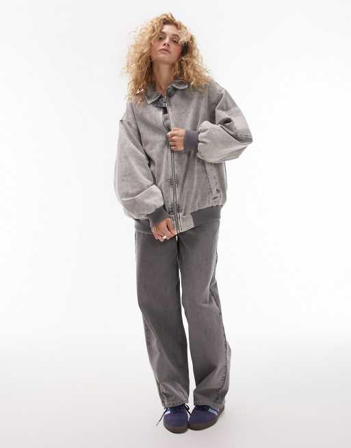 Topshop – Szara bawełniana kurtka bomberka oversize z efektem sprania