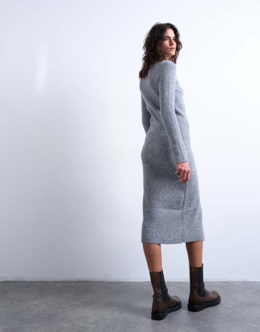 Topshop – Szara dzianinowa sukienka midi, 3 z 4