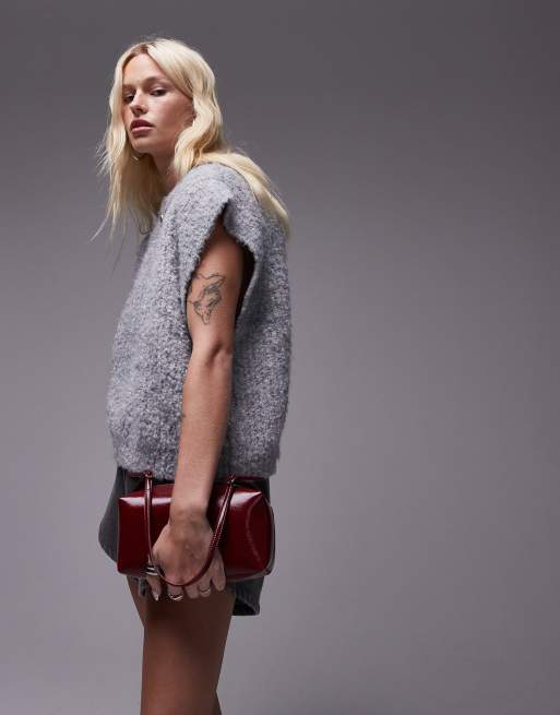 Topshop – Szara luźna kamizelka z okrągłym dekoltem i opuszczoną linią ramion z prążkowanej dzianiny boucle