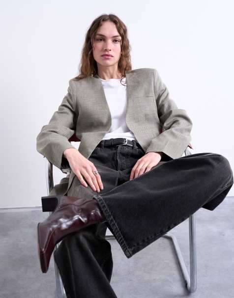 Topshop collarless chuck on blazer in grey check