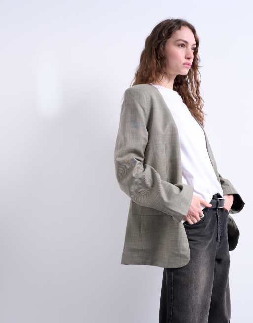 Topshop – Szara marynarka bez kołnierza ze wzorem w kratkę, 4 z 4