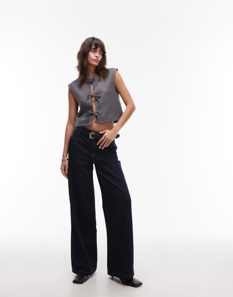 Topshop tie front cropped waistcoat in grey marl