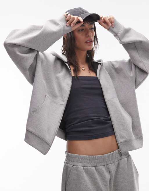 Topshop – Szara melanżowa zapinana na zamek bluza z kapturem z tkaniny nurek, część zestawu