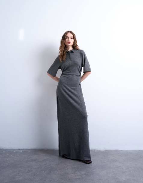 Topshop – Szara taliowana sukienka maxi z kołnierzykiem polo - view 1