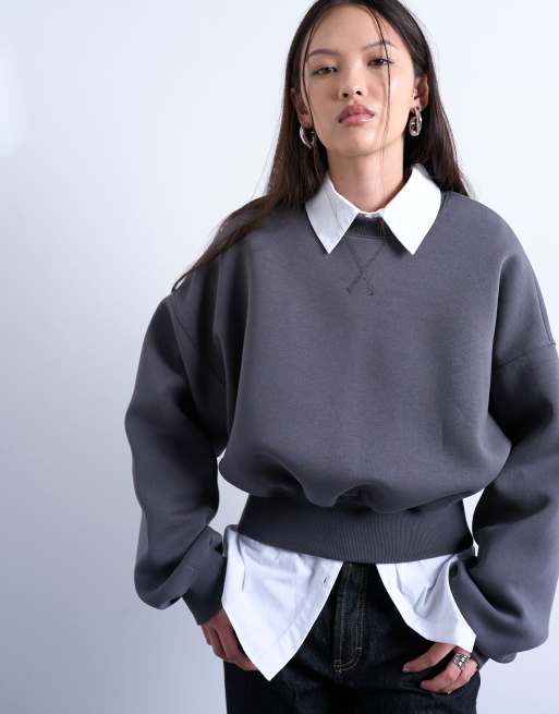 Topshop – Szara zbierana w talii bluza dresowa oversize z materiału w stylu scuba, 2 z 4