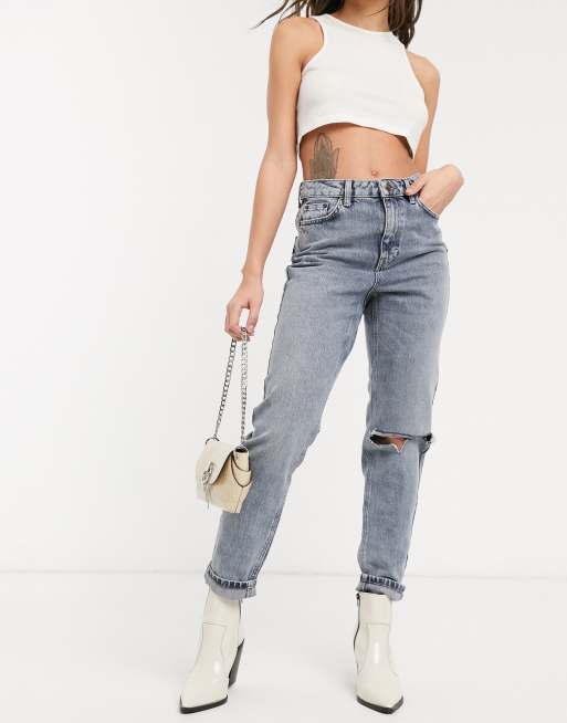 Topshop – Szare jeansy mom fit z podwójnymi przetarciami na kolanach