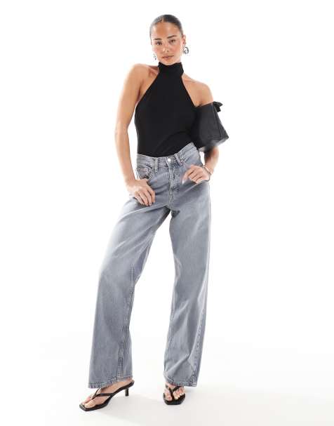 Topshop mid rise loose fit straight jean in washed grey