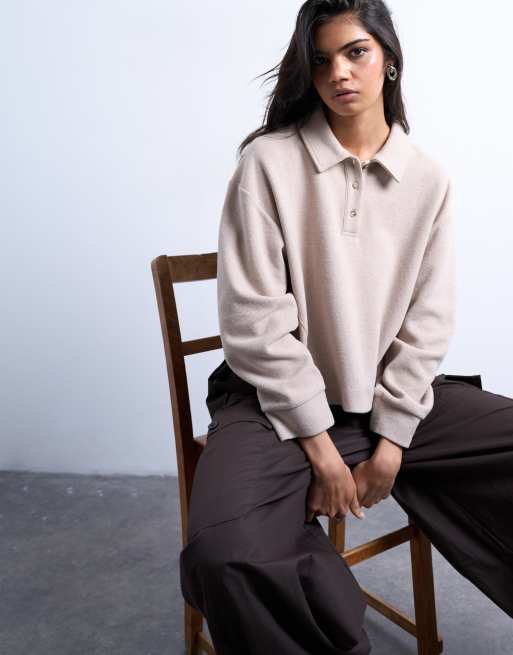 Topshop – Szarobeżowa miękka koszulka polo o pudełkowym kroju z długimi rękawami