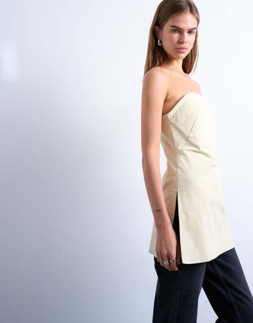 Topshop – Szarobeżowy gładki top w stylu tuniki o wydłużonym fasonie z dekoltem bandeau