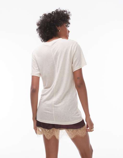 Topshop – Szarobeżowy T-shirt z imitacji lnu, 4 z 4