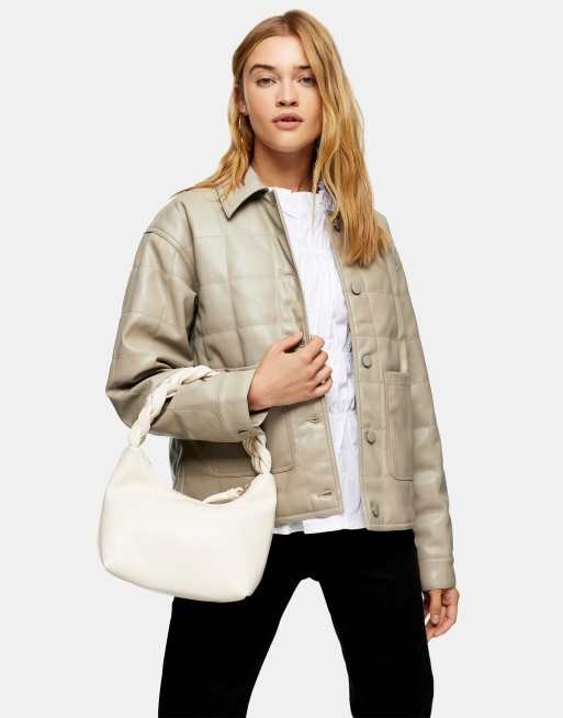 Topshop – Szarobrązowa pikowana kurtka o pudełkowym kroju z imitacji skóry