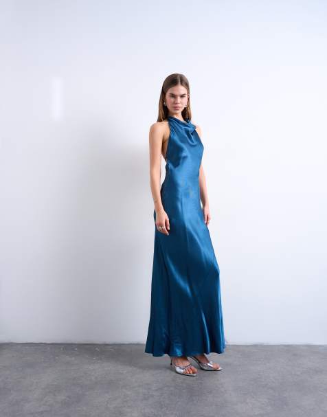 Topshop – Szaroniebieska sukienka maxi z zabudowanym drapowanym dekoltem - view 1