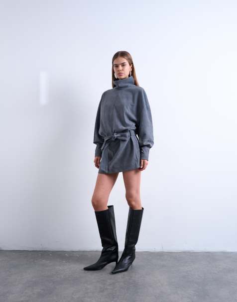 Topshop – Szaroniebieska, taliowana sukienka mini z długimi rękawami i golfem z prawdziwego zamszu - view 1