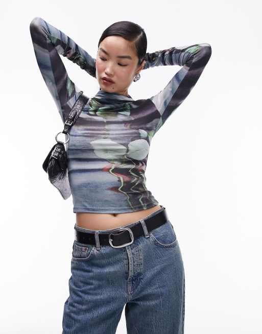 Topshop – Szaroniebieski top z zabudowanym dekoltem i długimi rękawami w kwiatowy wzór w stylu grungy