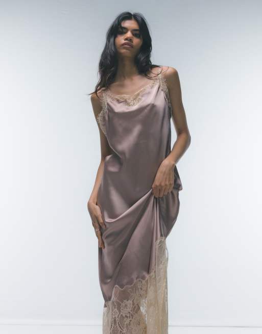 Topshop – Szaroróżowa sukienka midi na ramiączkach z kontrastową koronką